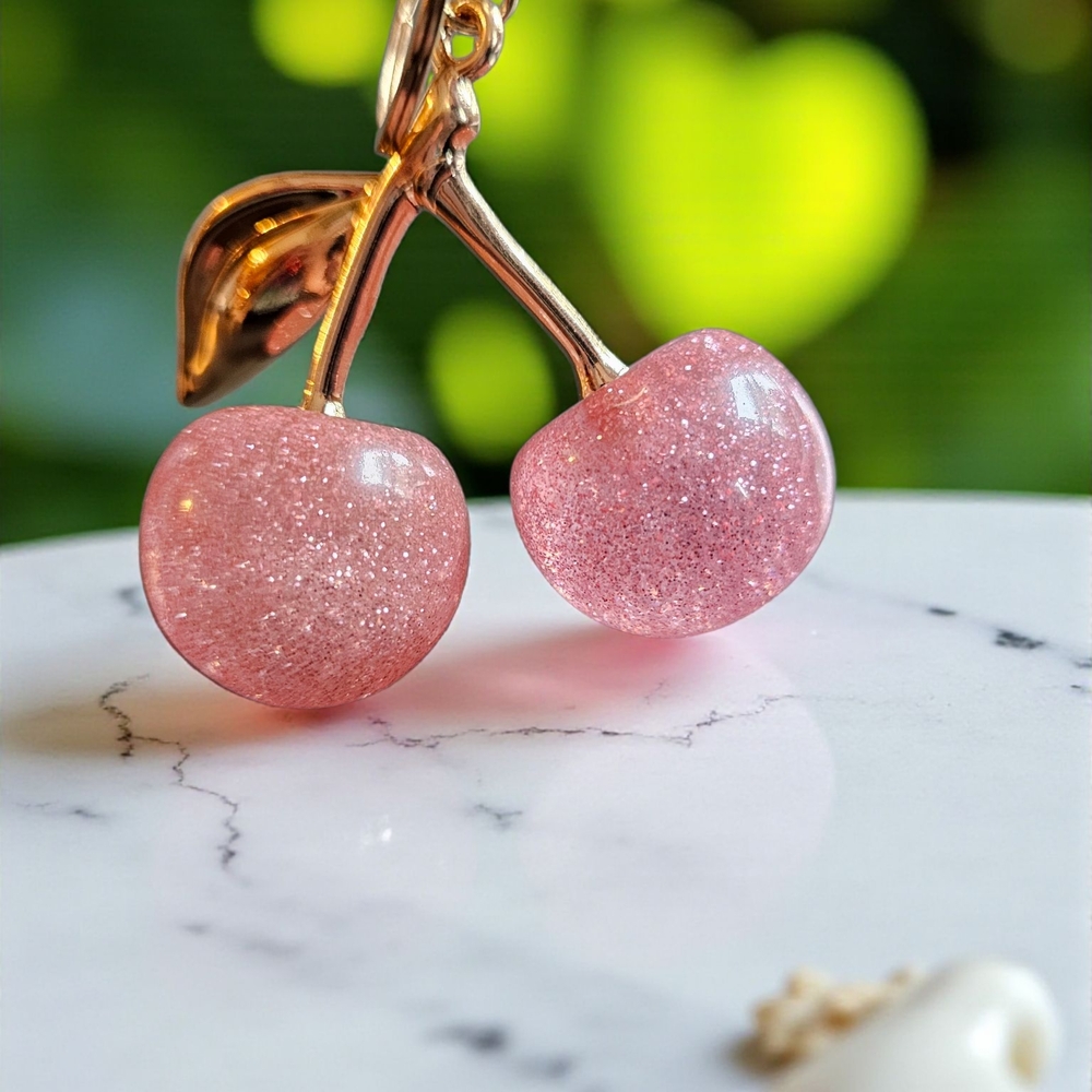 Pink Glitter And Gold Keychain Cherry Charm